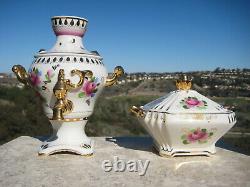 Vintage Russian Gzhel Samovar & Sugar Bowl Set Pink Gold Hand Painted Rare