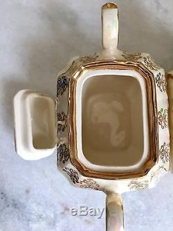 Vintage Sadler England Cube Teapot #2558 Cream Sugar Set Iridescent Gold Trim