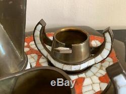 Vintage Salvador Teran Mexican Handwrought Mosaic and Brass TeaPot and Tray Set