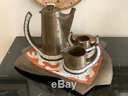 Vintage Salvador Teran Mexican Handwrought Mosaic and Brass TeaPot and Tray Set