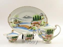 Vintage Scenic Oriental China Serving Set, Teapot, Creamer, Sugar, Platter CA179