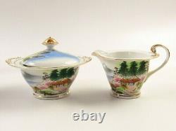 Vintage Scenic Oriental China Serving Set, Teapot, Creamer, Sugar, Platter CA179