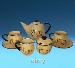 Vintage Sgrafitto Art Pottery 9-Pc Tea Set Teapot Sugar Creamer Teacups Saucers