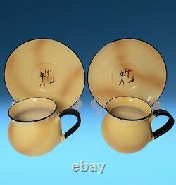 Vintage Sgrafitto Art Pottery 9-Pc Tea Set Teapot Sugar Creamer Teacups Saucers
