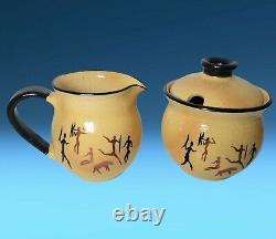 Vintage Sgrafitto Art Pottery 9-Pc Tea Set Teapot Sugar Creamer Teacups Saucers