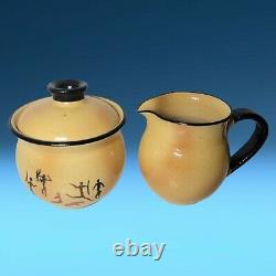 Vintage Sgrafitto Art Pottery 9-Pc Tea Set Teapot Sugar Creamer Teacups Saucers