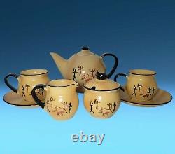 Vintage Sgrafitto Art Pottery 9-Pc Tea Set Teapot Sugar Creamer Teacups Saucers