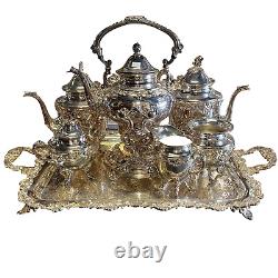 Vintage Sheridan Silver on Copper 7pc Silver Plated Tea Set Tray 3 Pots Creamer