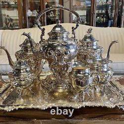 Vintage Sheridan Silver on Copper 7pc Silver Plated Tea Set Tray 3 Pots Creamer