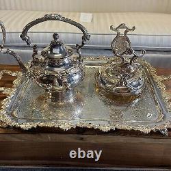 Vintage Sheridan Silver on Copper 7pc Silver Plated Tea Set Tray 3 Pots Creamer