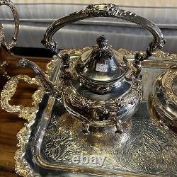 Vintage Sheridan Silver on Copper 7pc Silver Plated Tea Set Tray 3 Pots Creamer