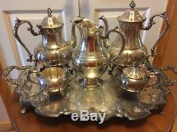 Vintage Silver on Copper 7 Piece Tea Set -teapots, pitcher, tray, sugar bowl etc