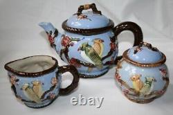 Vintage Sky Blue Cockatiel Tea Pot, Creamer & Sugar