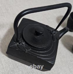 Vintage Square Japanese Cast Iron Tea Kettle Tea Pot 4 Pieces Dragonfly