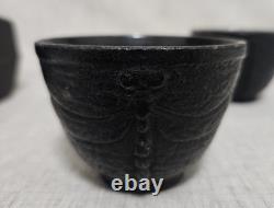 Vintage Square Japanese Cast Iron Tea Kettle Tea Pot 4 Pieces Dragonfly