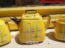 Vintage Stanford Sebring O Yellow Ceramic Tea Pot Creamer Sugar Bowl Set Deco