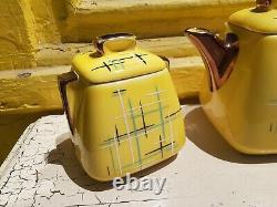 Vintage Stanford Sebring O Yellow Ceramic Tea Pot Creamer Sugar Bowl Set Deco