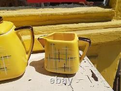 Vintage Stanford Sebring O Yellow Ceramic Tea Pot Creamer Sugar Bowl Set Deco