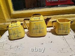 Vintage Stanford Sebring O Yellow Ceramic Tea Pot Creamer Sugar Bowl Set Deco