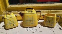 Vintage Stanford Sebring O Yellow Ceramic Tea Pot Creamer Sugar Bowl Set Deco