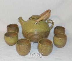 Vintage Studio Pottery 8pcs Teapot Tea Cups Mid Century Modern Pottery Tea Set
