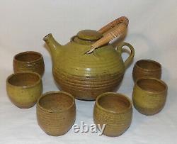 Vintage Studio Pottery 8pcs Teapot Tea Cups Mid Century Modern Pottery Tea Set