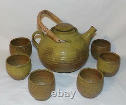 Vintage Studio Pottery 8pcs Teapot Tea Cups Mid Century Modern Pottery Tea Set