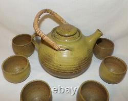 Vintage Studio Pottery 8pcs Teapot Tea Cups Mid Century Modern Pottery Tea Set