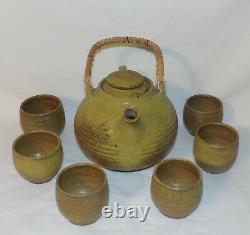 Vintage Studio Pottery 8pcs Teapot Tea Cups Mid Century Modern Pottery Tea Set