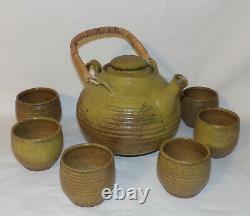 Vintage Studio Pottery 8pcs Teapot Tea Cups Mid Century Modern Pottery Tea Set