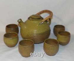 Vintage Studio Pottery 8pcs Teapot Tea Cups Mid Century Modern Pottery Tea Set