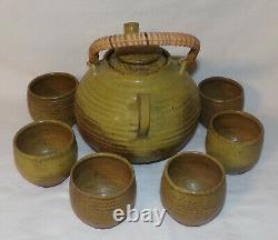 Vintage Studio Pottery 8pcs Teapot Tea Cups Mid Century Modern Pottery Tea Set