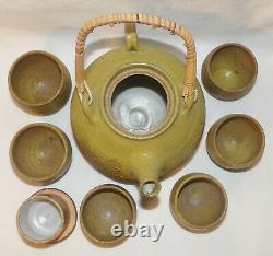 Vintage Studio Pottery 8pcs Teapot Tea Cups Mid Century Modern Pottery Tea Set