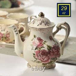 Vintage Style White With Pink Rose Porcelain Set Of Teapot Teacups Tray & Spoons