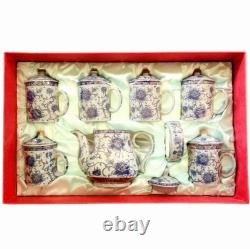 Vintage Tea Pot Set Chinese Blue White Hand Painted Porcelain 6 Cups Sealed