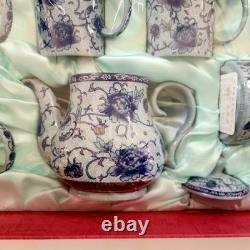 Vintage Tea Pot Set Chinese Blue White Hand Painted Porcelain 6 Cups Sealed