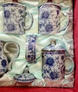 Vintage Tea Pot Set Chinese Blue White Hand Painted Porcelain 6 Cups Sealed