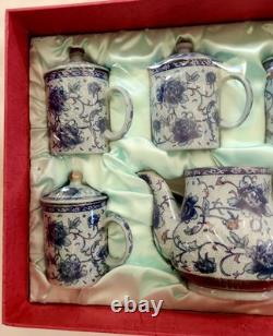 Vintage Tea Pot Set Chinese Blue White Hand Painted Porcelain 6 Cups Sealed