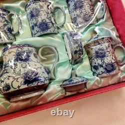 Vintage Tea Pot Set Chinese Blue White Hand Painted Porcelain 6 Cups Sealed