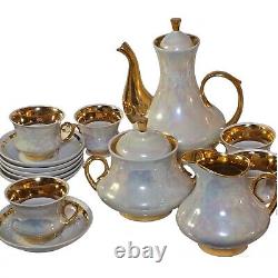 Vintage Tea Service Set Teapot Sugar Creamer Cups Saucers Iridescent Pearlized