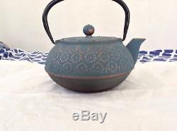 Vintage Teapot Cast Iron Nambu Tekki Japanese Japan Turquoise Blossoms