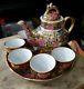 Vintage Thai Benjarong Porcelain Pottery 1 Tea Pot, 5 Cups, 1 Saucer Hand Painted