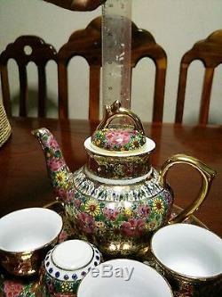 Vintage Thai Benjarong Porcelain Pottery 1 Tea Pot, 5 Cups, 1 Saucer Hand Painted