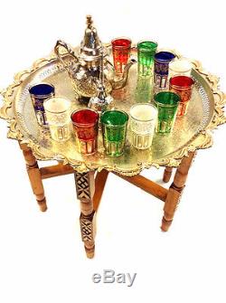 Vintage Traditional Moroccan Tea Folding Table & Silver Teapot 6 Glasses Set