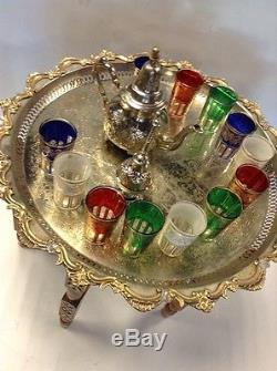 Vintage Traditional Moroccan Tea Folding Table & Silver Teapot 6 Glasses Set