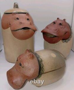 Vintage UITCI Japan Stoneware Hippo Teapot, Pitcher, And Sugar Bowl