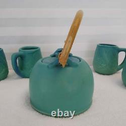 Vintage Van Briggle Turquoise Blue Teapot and 4 Mugs