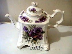 Vintage Victorian PANSY & FORGET ME NOTS Bone China Teapot 4 Cups saucer England