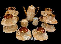 Vintage WAWEL Marbled & Gold Tea/Coffee Set for 10 with Teapot, Creamer & Sugar