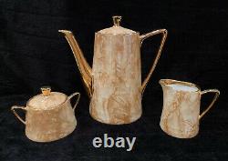 Vintage WAWEL Marbled & Gold Tea/Coffee Set for 10 with Teapot, Creamer & Sugar
